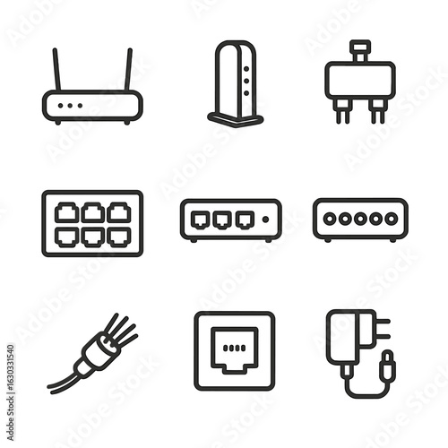 Telecom Component Icons. Outline icon set of telecom components: router, modem, cable splitter, patch panel, switch, hub, fiber
