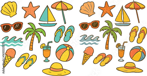 A playful EPS vector illustration set featuring hand-drawn summer vacation doodles with cute beach and sea travel elements. The set includes sketches of seashells, starfish, sailboats, beach umbrellas