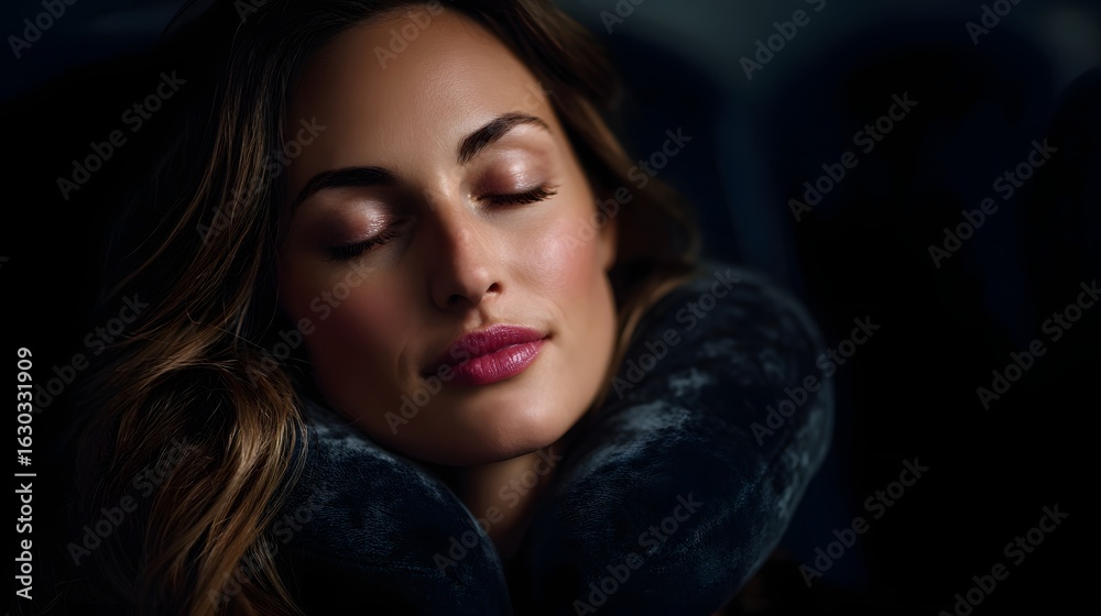 Fototapeta premium Traveler using travel pillow for comfortable sleep on airplane