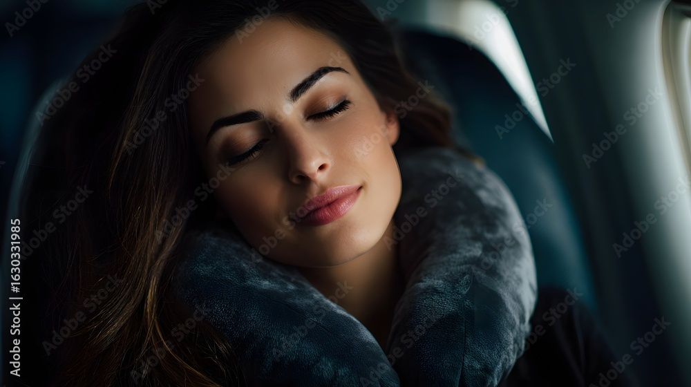 Naklejka premium Peaceful passenger resting on an airplane journey