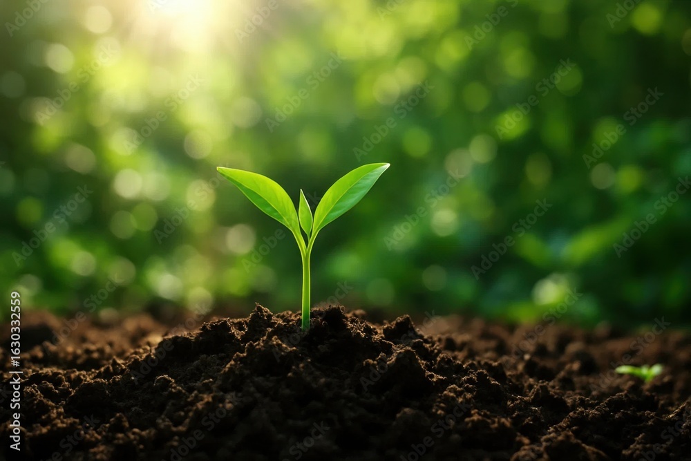 Fototapeta premium A New Seed Sprouts in a Sunlit Soil Bed