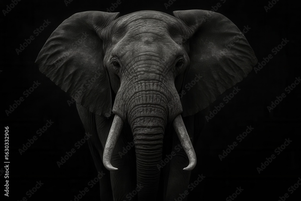 Fototapeta premium A majestic elephant stands in stark contrast against a black backdrop, its tusks gleaming under the spotlight
