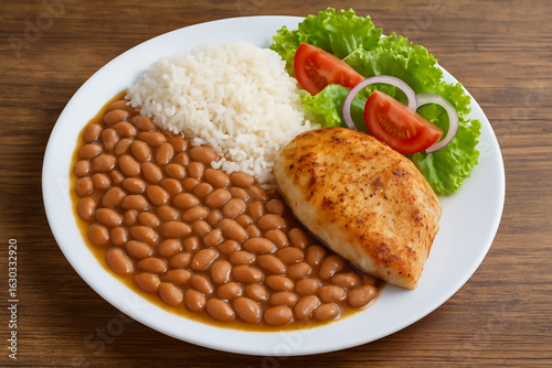 Food plate with beans, rice, protein and salad stock photo