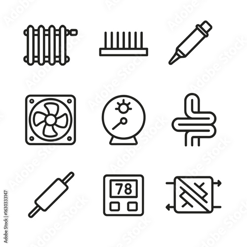 Thermal Components Icons. Outline icon set of thermal components: radiator, heat sink, thermal paste, cooling fan, thermostat,
