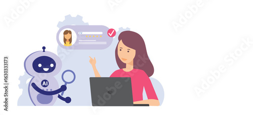 Character and AI robot working together. Business recruitment process, job searching, employee evaluation concept