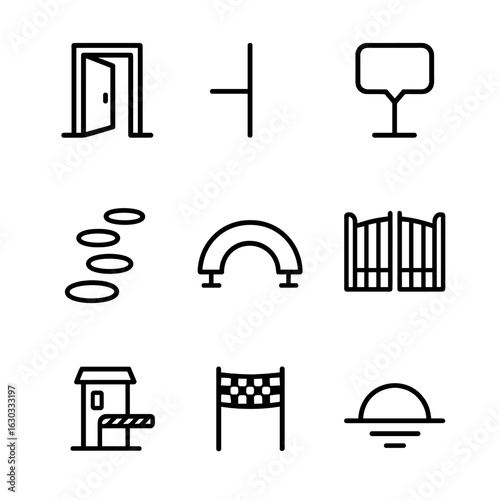 Threshold Concepts Icons. Outline icon set of threshold concepts: doorway, limit, boundary, stepping stone, bridge, gate,