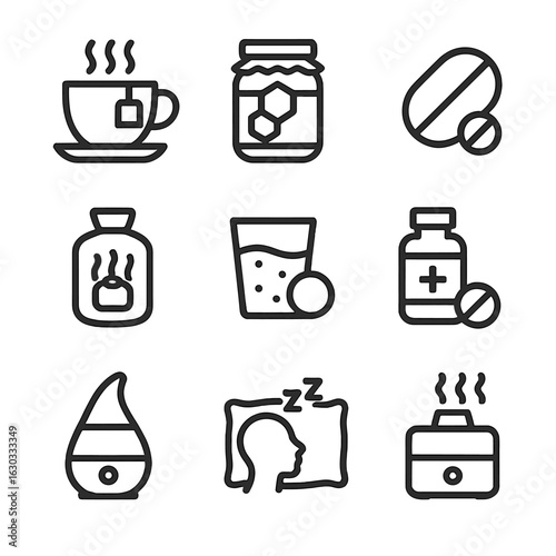 Throat Pain Relief Icons. Outline icon set of throat pain relief methods: hot tea, honey jar, throat lozenge, warm compress, salt