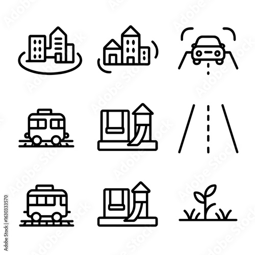 Tilt-Shift Icon Set. Outline icon set of tilt-shift effect: miniature city, toy-like buildings, selective focus car, blurred edges