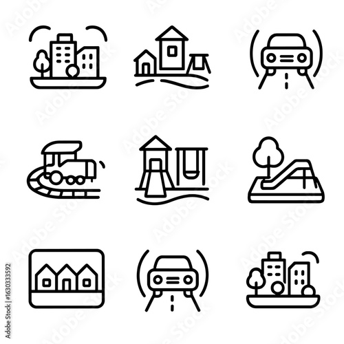 Tilt-Shift Icon Set. Outline icon set of tilt-shift effect: miniature city, toy-like buildings, selective focus car, blurred edges