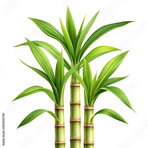Three stalks of vibrant green sugarcane with broad leaves isolated on transparent background
