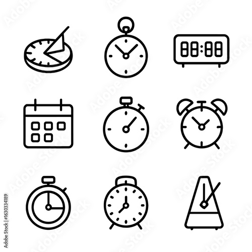 Time Measurement Icons. Outline icon set of time measurement devices: sundial, pocket watch, digital clock, calendar, stopwatch,
