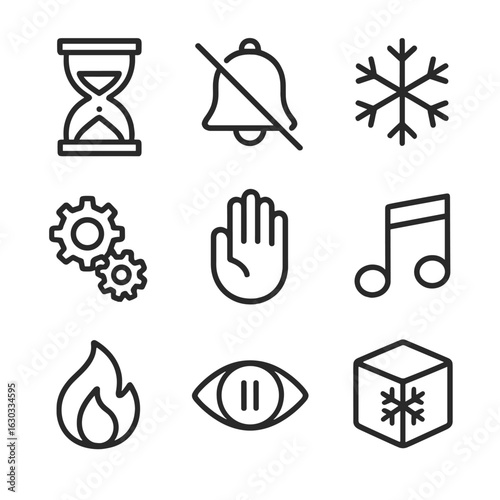 Time's Still Icons. Outline icon set of waiting and pause: hourglass stop, silent bell, frozen water, stopped gears, halted hand,