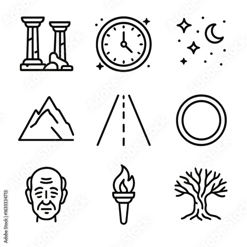 Timeless Icons Set. Outline icon set of timelessness: ancient ruins, cosmic clock, starry sky, mountain peak, endless road,