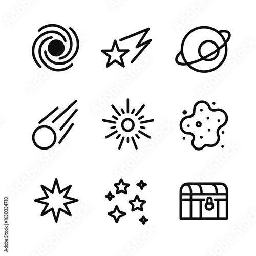 Timeless Icons. Outline icon set of stillness in objects: rocking chair, closed door, stopped clock, blank canvas, empty chair,