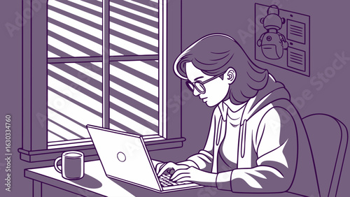 Woman Working on Laptop by Window at Night.