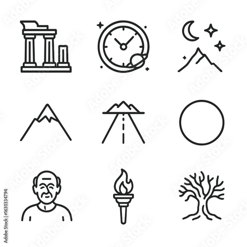 Timeless Icons Set. Outline icon set of timelessness: ancient ruins, cosmic clock, starry sky, mountain peak, endless road,
