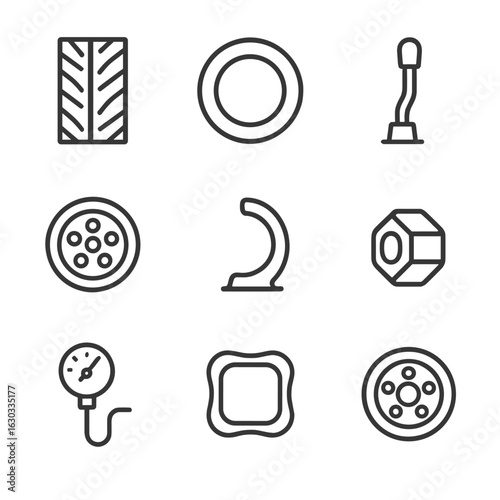 Tire Parts Icon Set. Outline icon set of tire parts: tread pattern, sidewall, valve stem, rim, bead, lug nut, air pressure gauge,