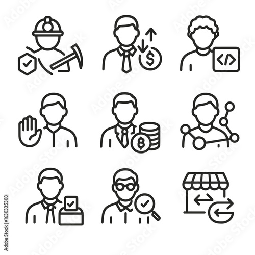 Token Ecosystem Icons. Outline icon set of жбtoken ecosystem participants: miner, trader, developer, validator, investor,