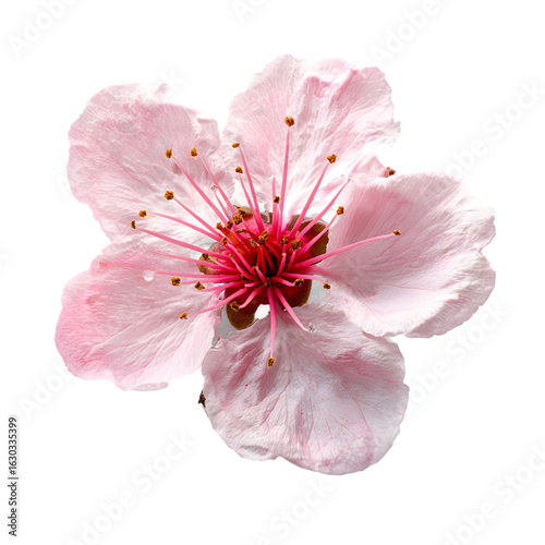 Delicate pink cherry blossom flower with vibrant red center against a stark black background