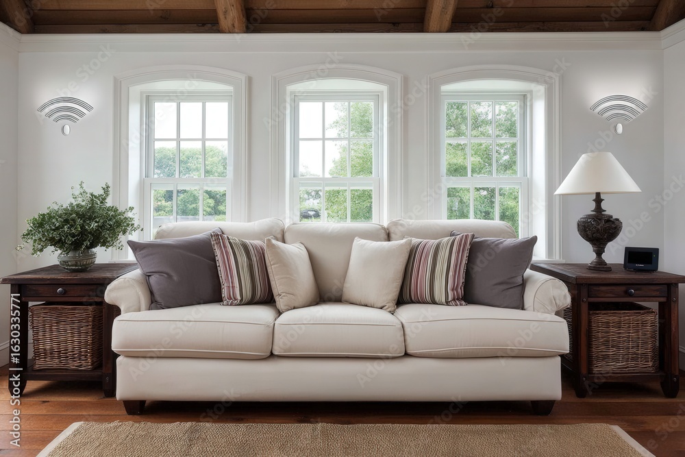 Fototapeta premium Embracing Modern Connectivity Within a Cozy Living Space Immersed in Natural Light and Inviting Textures Offering A Blend of Comfort and Technological Sophistication for Contemporary Homes