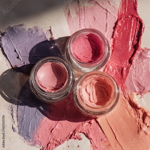 Three small glass jars of lip or face product, various shades of pink, mauve, and light peach, on a light beige surface with streaks of the product