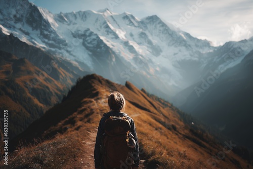 A person with a backpack looks at snowy mountains from a ridge, bathed in warm light concept for travel adventure, outdoor exploration, and landscape photography backdrop