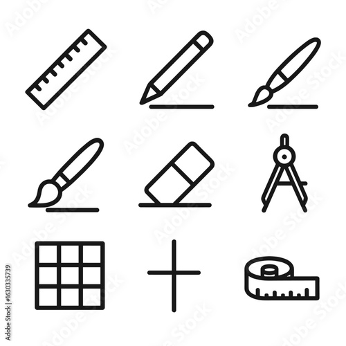Line Tools Icon Set. Outline icon set of line tools and elements: ruler, pencil line, pen stroke, paintbrush, eraser line, compass