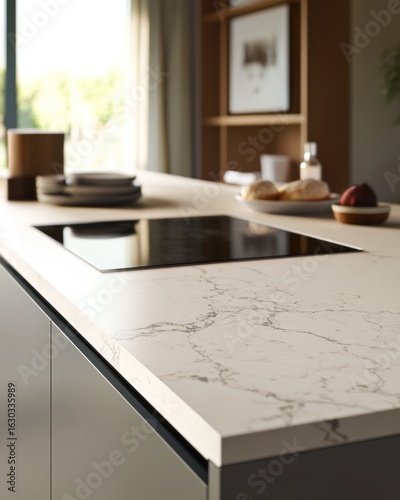 Close-up of a modern kitchen countertop.  A light beige, marble-patterned quartz countertop features a black cooktop.  Grey cabinetry,  plates, and other kitchen items are subtly visible.  