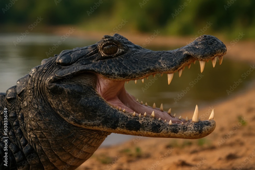 Obraz premium A crocodile's open mouth reveals its powerful jaws, a testament to nature's predatory prowess