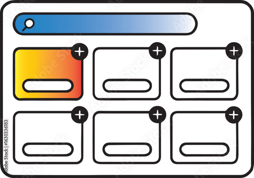 Interface search bar with multiple content cards and add buttons plus icon