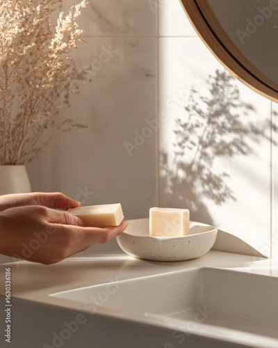Hands holding a bar of soap over a small, speckled, ceramic dish.  Sunlight highlights a bathroom counter with white tiles and marble.  Dried pampas grass is in a vase