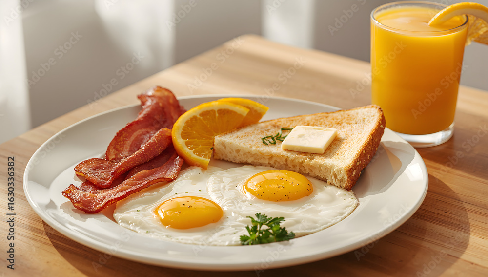 Fototapeta premium Classic breakfast platter with eggs, bacon, toast, and fresh juice