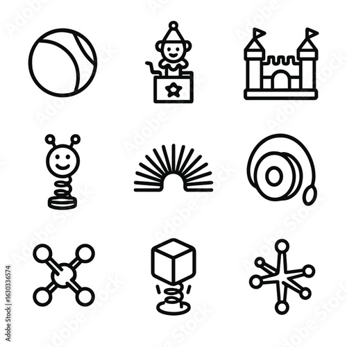 Toy Bounce Icons. Outline icon set of toy bounce: rubber ball, jack-in-the-box, bouncy castle, bouncing doll, spring toy, yo-yo,