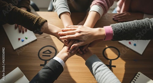 Diverse Group of Individuals Uniting Hands on Table Representing Collaboration, Teamwork, Gender Equality and Support for Social Justice Initiatives in a Modern Workplace Environment