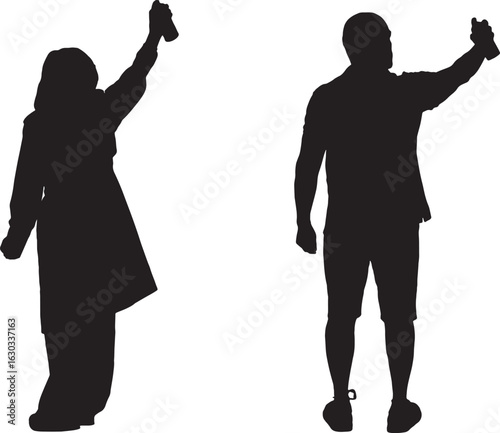  vector silhouette back view a man and a woman spray painting on an imaginary wall