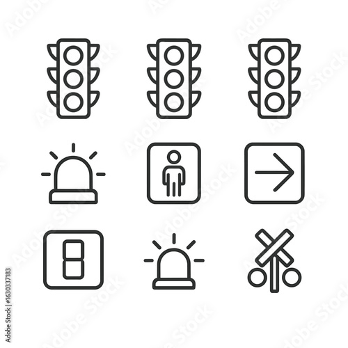 Traffic Signal Icons. Outline icon set of traffic signals and lights: green light, red light, yellow light, blinking light,