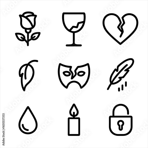 Tragedy Symbol Icon Set. Outline icon set of tragedy symbolism: black rose, broken glass, cracked heart, wilted leaf, shattered