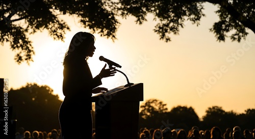 Dynamic Silhouette of a Public Speaker Engaging an Audience with Passionate Speech Against a Backdrop of a Stunning Golden Sunset