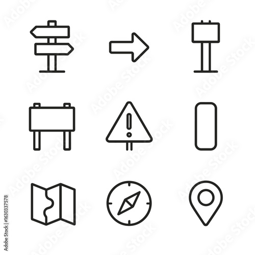 Trail Marker Icons. Outline icon set of trail markers and signs: trail signpost, directional arrow, distance marker, trailhead