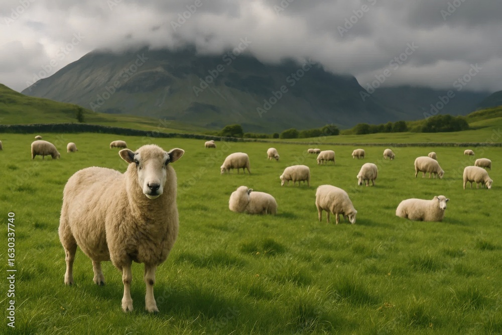 Fototapeta premium A lone sheep stands out in a vast field under a cloudy sky, with majestic mountains looming in the distance