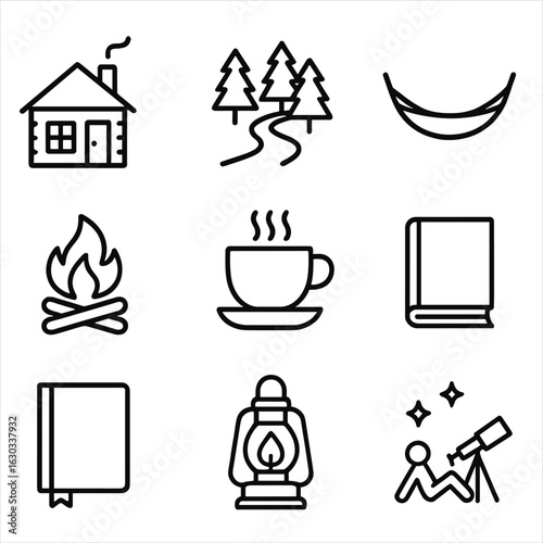 Tranquil Retreat Icons. Outline icon set of tranquil retreat: cabin outline, forest path, hammock icon, campfire glow, tea cup,