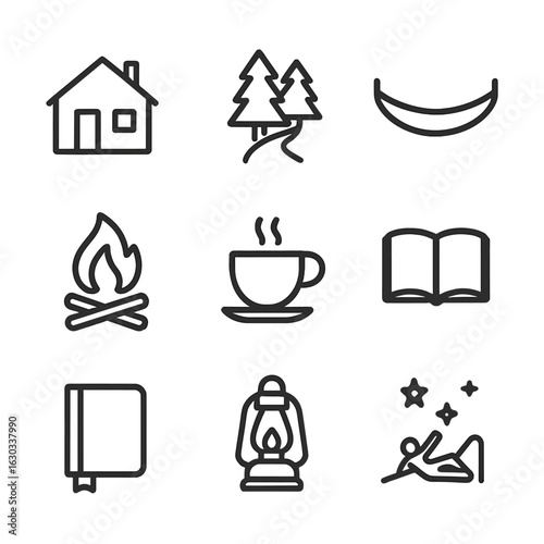 Tranquil Retreat Icons. Outline icon set of tranquil retreat: cabin outline, forest path, hammock icon, campfire glow, tea cup,