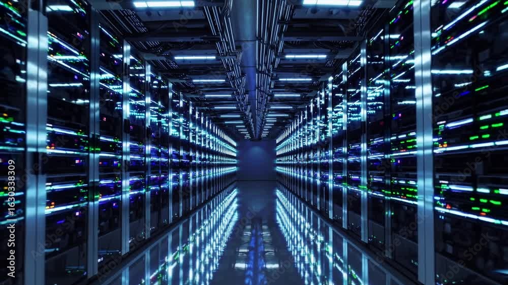 Flowing through the halls of a Data Center with Online Servers behind Glass doors, Going to a Server Room - Internet Service Provider with Lights - Endless Servers - Network and Information - IT