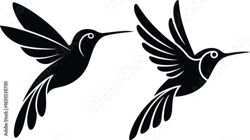 Flying hummingbird silhouette set. Elegant colibri bird icon logo vector illustration