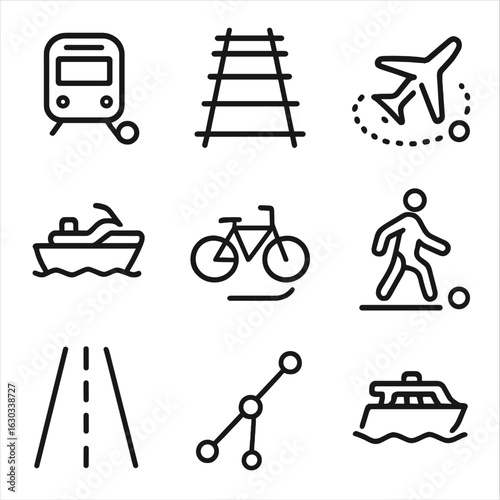 Transport Route Icons. Outline icon set of transportation routes: bus route, train tracks, flight path, shipping lane, bike trail,