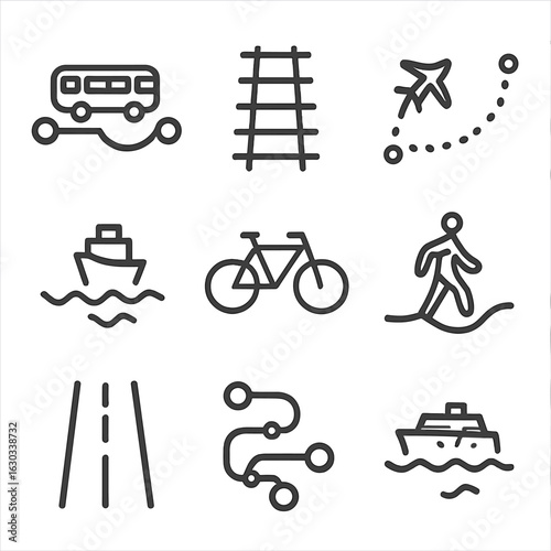 Transport Route Icons. Outline icon set of transportation routes: bus route, train tracks, flight path, shipping lane, bike trail,
