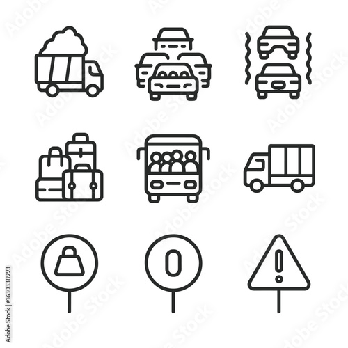 Transportation Overload Icons. Outline icon set of overload in transportation: overloaded truck, traffic jam, congested road,