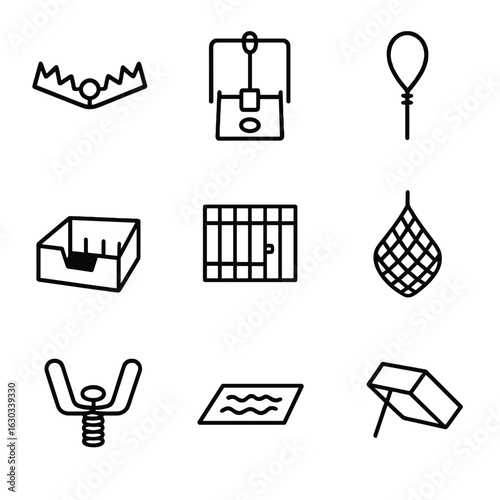 Trap Outline Icons. Outline icon set of traps: bear trap, mousetrap, snare, pitfall, cage trap, net trap, spring trap, glue trap,