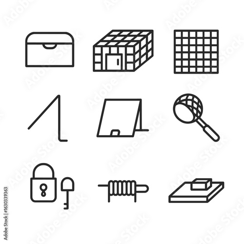 Trapping Tools Icons. Outline icon set of trapping tools: bait box, trap cage, wire mesh, trigger rod, trap door, net thrower,