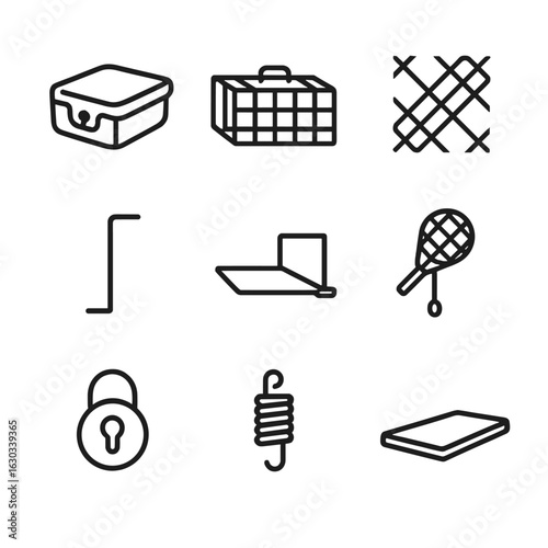 Trapping Tools Icons. Outline icon set of trapping tools: bait box, trap cage, wire mesh, trigger rod, trap door, net thrower,